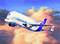 Lietadlo Airbus Beluga letí oblohou s oranžovými mrakmi v pozadí.