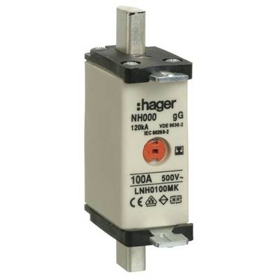 Poistka NH spoločnosti Hager s hodnotou 100A, 500V, s označením 'gG' podľa normy IEC 60269-2.