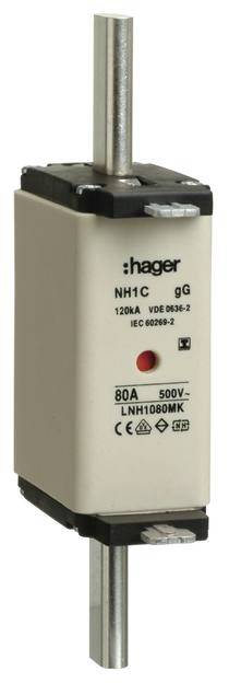 Poistka NH1C od Hager, 80A, 500V, typ gG, podľa noriem VDE 0636-2 a IEC 60269-2, v obdĺžnikovom vyhotovení.
