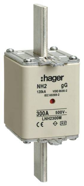 Obrázok NH poistkovej lišty od Hager, model LNH2300M, s menovitým prúdom 300 A a menovitým napätím 500 V, podľa IEC 60269-2.