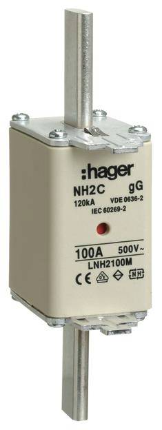 Poistka NH od Hager, typ NH2C 100A, 500V, vhodná pre vysokonapäťovú ochranu s certifikáciou VDE 0636-2 a IEC 60269-2.