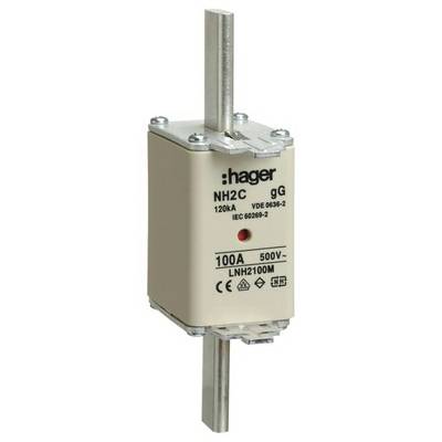 Poistka NH od Hager, typ NH2C 100A, 500V, vhodná pre vysokonapäťovú ochranu s certifikáciou VDE 0636-2 a IEC 60269-2.