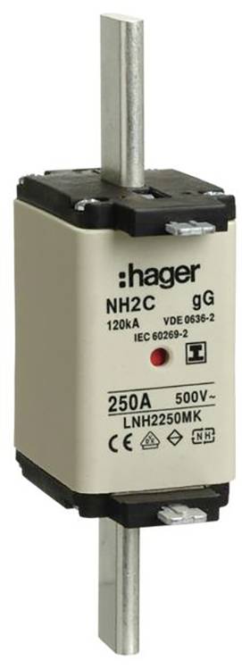 Valcový poistkový odpínač s nápisom 'Hager NH2C gG', menovitý prúd 250A, napätie 500V, štandard VDE 0636-2, IEC 60269-2.