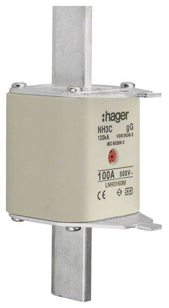 Poistka NH Hager NH3C, 100A, 500V, typ gG, VDE 0636-2, IEC 60269-2, s dvomi kovovými pripojovacími úchytkami na stranách.