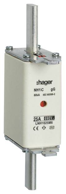 'NH poistka, 25A, 690V, Hager NH1C model, IEC 60269-2 štandard, s kovovými kontaktmi a obdĺžnikovým puzdrom.'