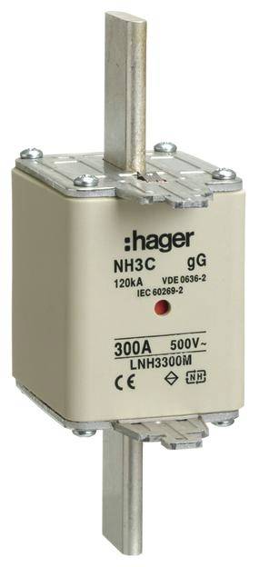 'Poistková vložka Hager, model NH3C, 300A, 500V, pre priemyselné aplikácie. Certifikované podľa IEC 60269-2.'