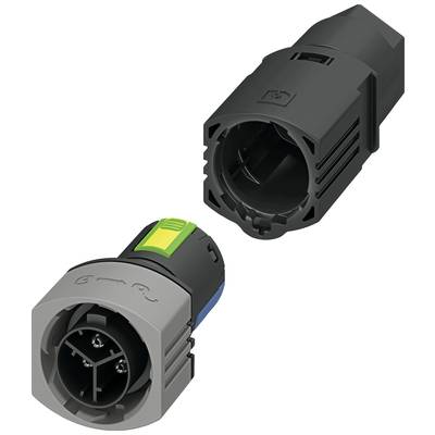 Dva elektrické konektory, jeden čierny, jeden sivý. Sivý konektor má zelené značenia. Konektory sú okrúhle so štyrmi pinmi.