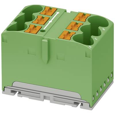 Zelený elektrický konektor s oranžovými svorkami, vhodný pre pripojenie vodičov v elektrotechnických aplikáciách.