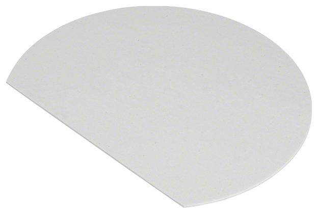 Polkruhový, plochý, biely disk na sivom pozadí.