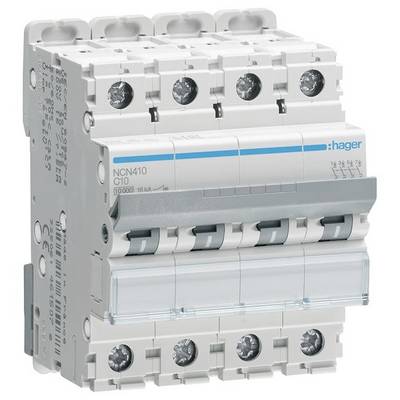 'Istič so štyrmi spínačmi, značka Hager, model NCN410 C10, 10 A, 400 V, pre elektrickú bezpečnosť.'