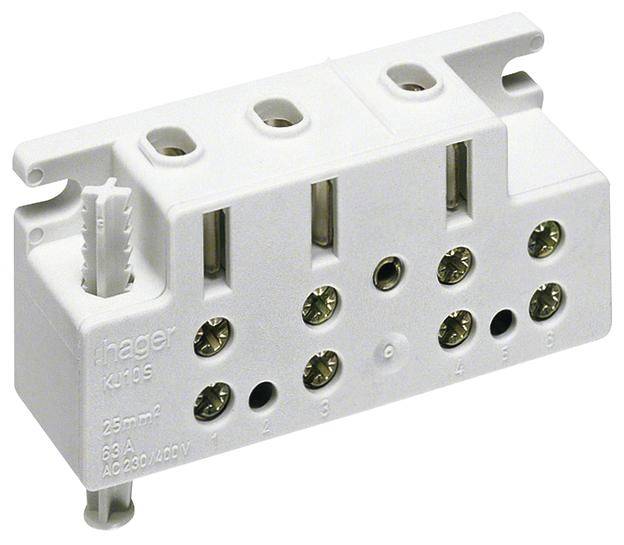 'Elektrický pripojovací blok s viacerými skrutkovými svorkami, Hager KU19S, vhodný pre 25 mm², 63 A, AC 230/400 V.'
