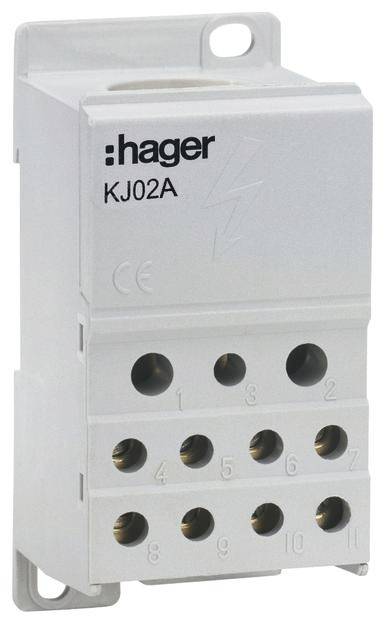 Svorkovnica Hager KJ02A s 10 očíslovanými vstupmi a krytom v bielej farbe. Používa sa v elektrických rozvádzačoch.