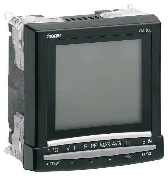 Digitálny merací prístroj od spoločnosti Hager, model SM103E, určený na monitorovanie a zobrazovanie elektrických parametrov, ako sú prúd a napätie.