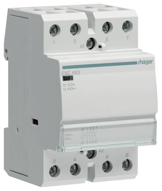 Trojfázový výkonový spínač Hager, model ESC463, určený pre elektrické rozvádzače, vhodný pre 63A a 440V.