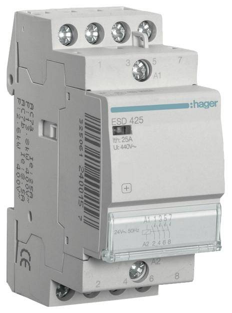 Stykač Hager, model ESD 425, vhodný pre 25A pri 440V~. Má niekoľko pripojovacích svoriek a priehľadné krycie okienko.