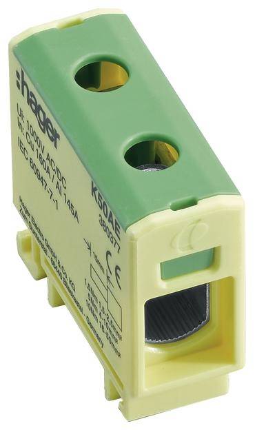Zelený Hager svorkovnicový blok K50AE pre distribúciu elektriny, vhodný pre 1000V AC/DC, s CE označením, pre káble 1,5-35 mm².