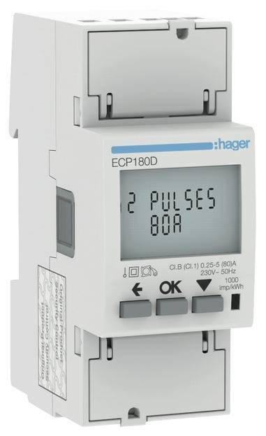Meracie zariadenie na meranie spotreby elektrického prúdu, zobrazené na LCD displeji. Označenie: ECP180D, kapacita 80A, 230V, 50Hz.