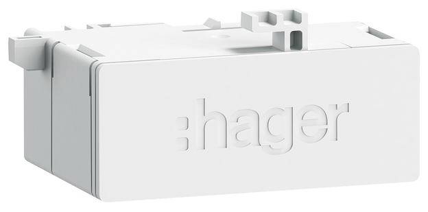 Obdĺžnikové biele puzdro so vyvyseným nápisom 'hager' na boku. Je určené pre elektrické inštalácie.