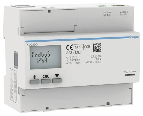 Inteligentný elektromer značky Hager s modelovým číslom ECA310D, označený certifikátom CE, zobrazuje merania a možnosti pripojenia.