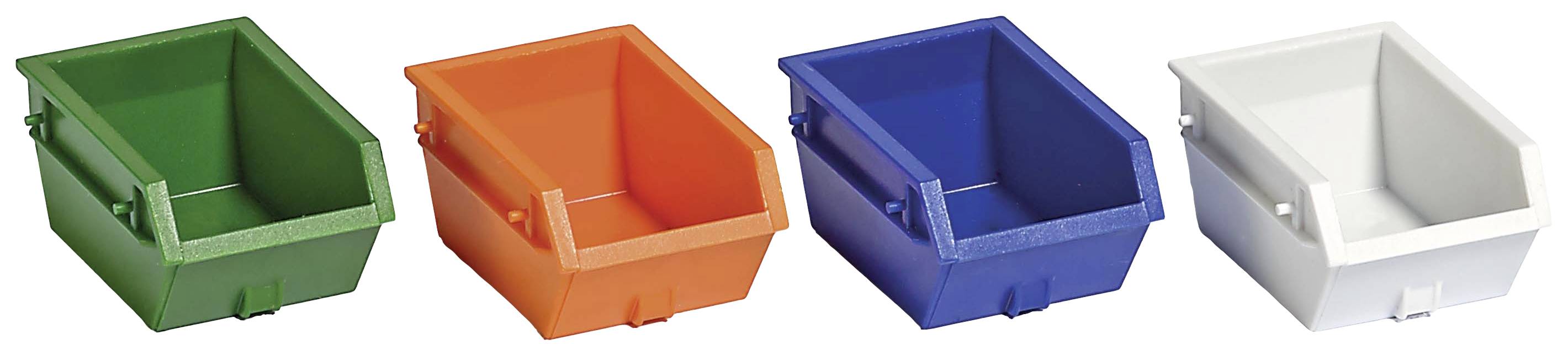 Štyri obdĺžnikové plastové kontajnery v zelenkavej, oranžovej, modrej a bielej farbe, usporiadané v rade.