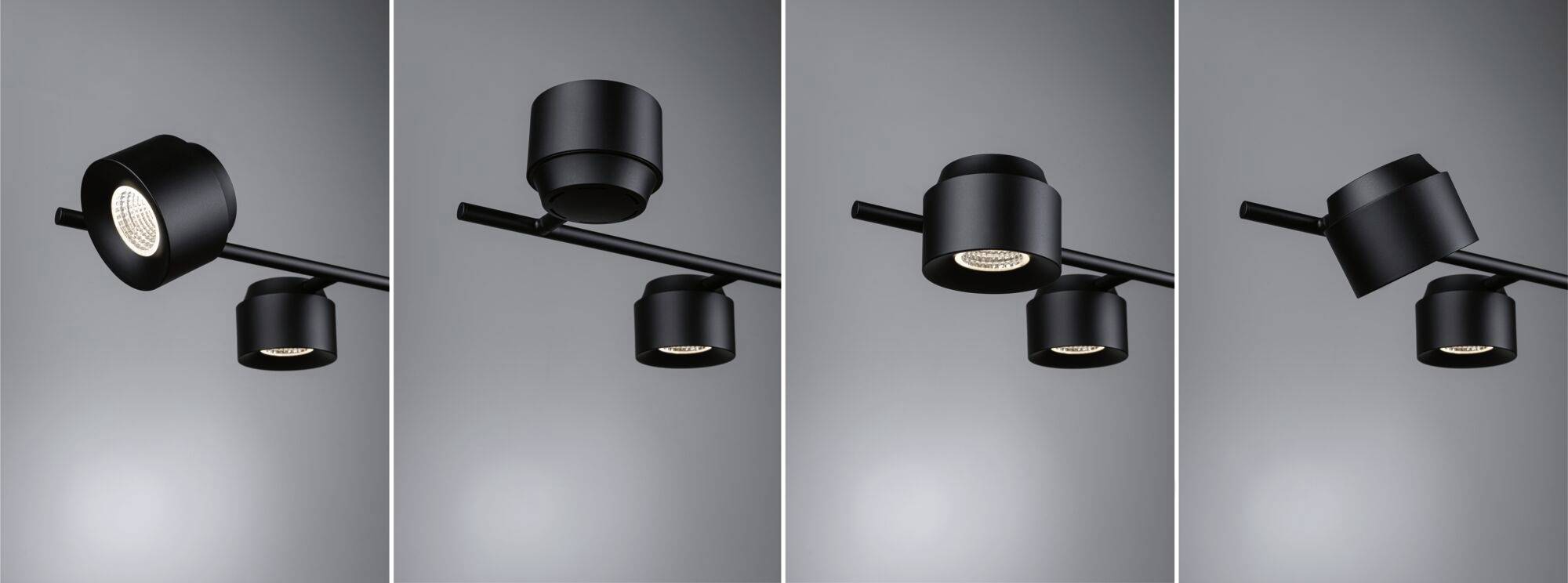 Štyri pohľady moderného, čierneho stropného reflektora so zaoblenými svetelnými hlavicami na sivom pozadí.
