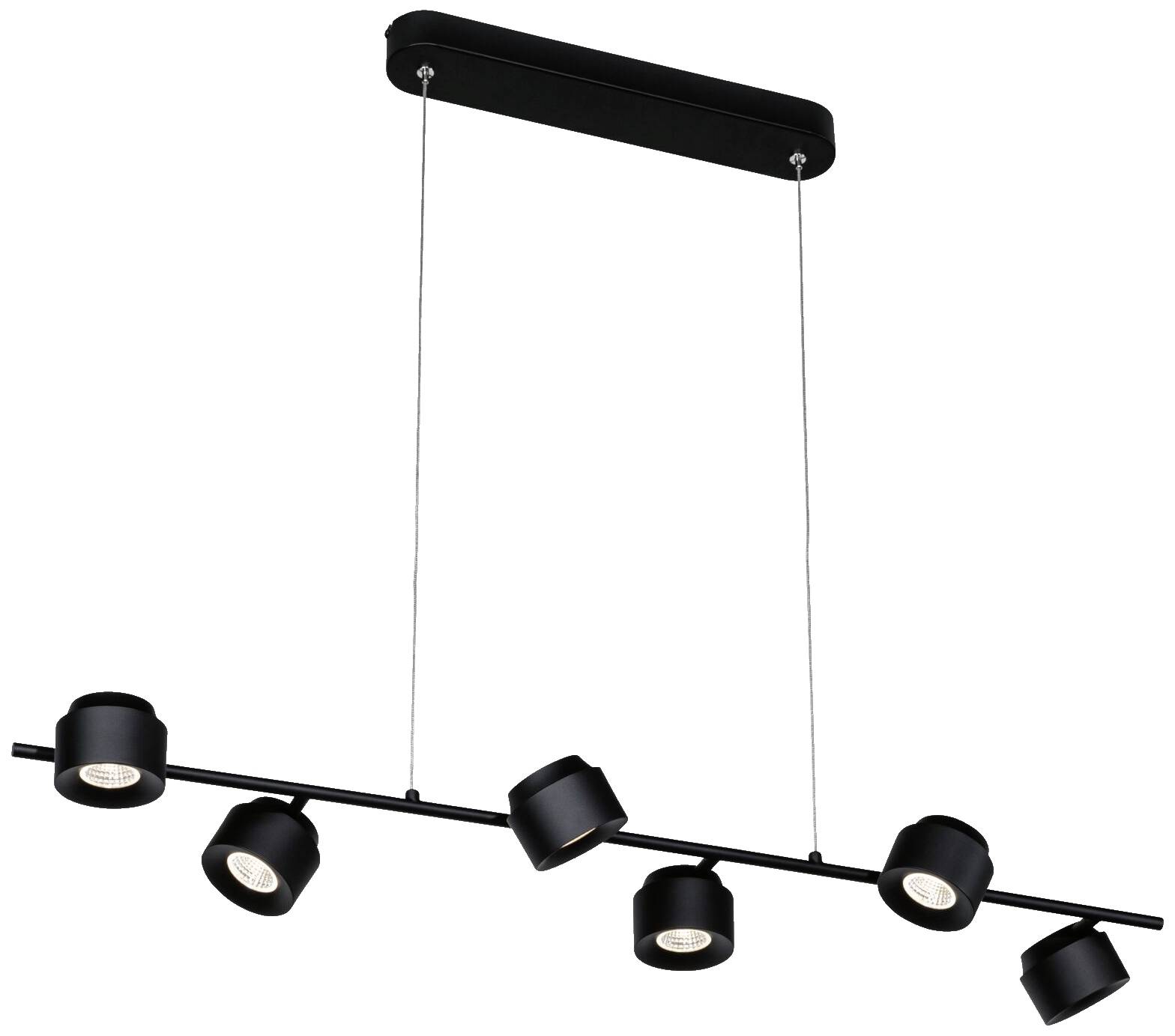 Moderná, čierna závesná lampa so šiestimi nastaviteľnými, kruhovými svetlami upevnenými na horizontálnej tyči, zavesená na dvoch lanách.