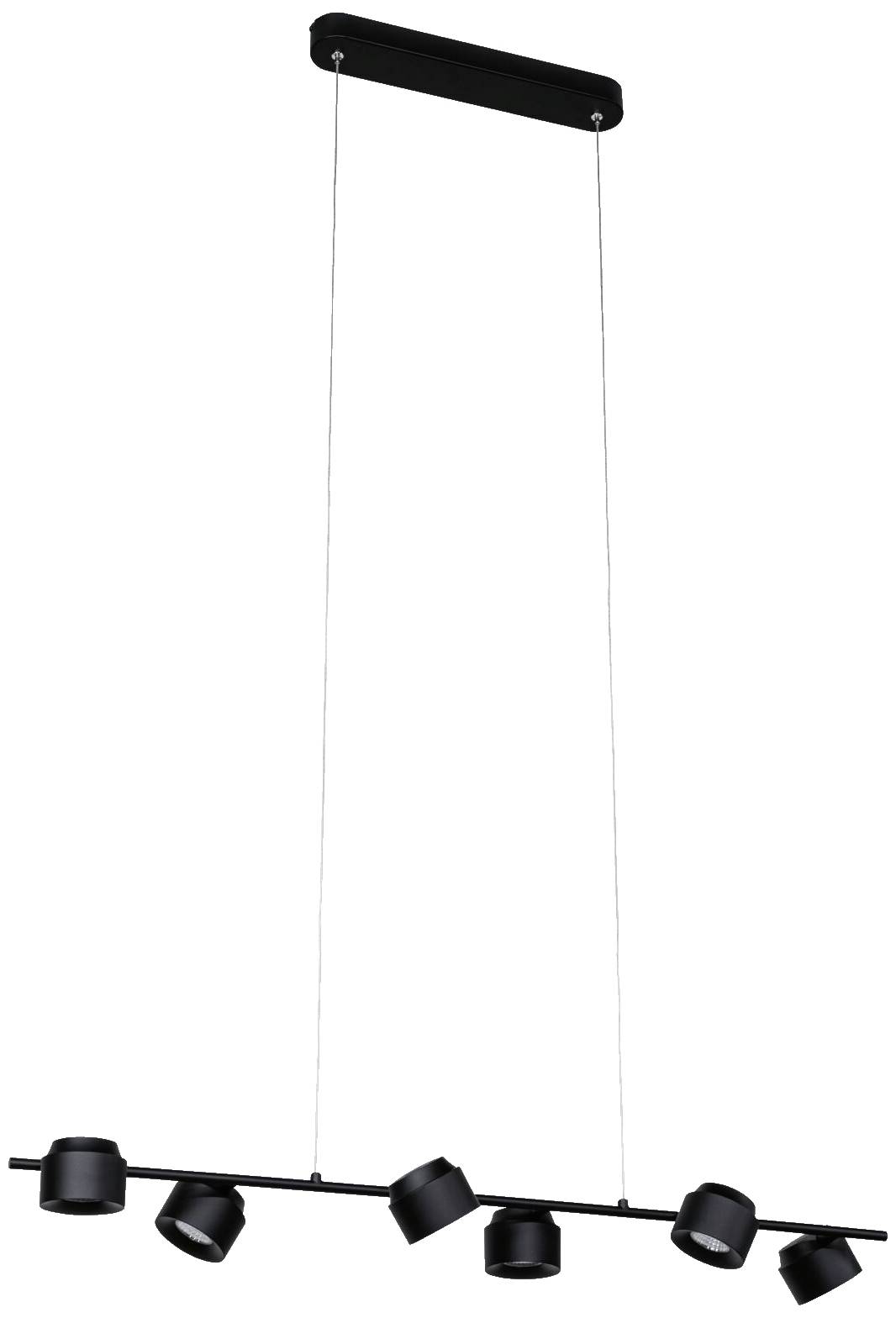 Čierna závesná lampa so šiestimi otočnými svetlami na dlhom, obdĺžnikovom nosníku, zavesená na dvoch tenkých lanách.