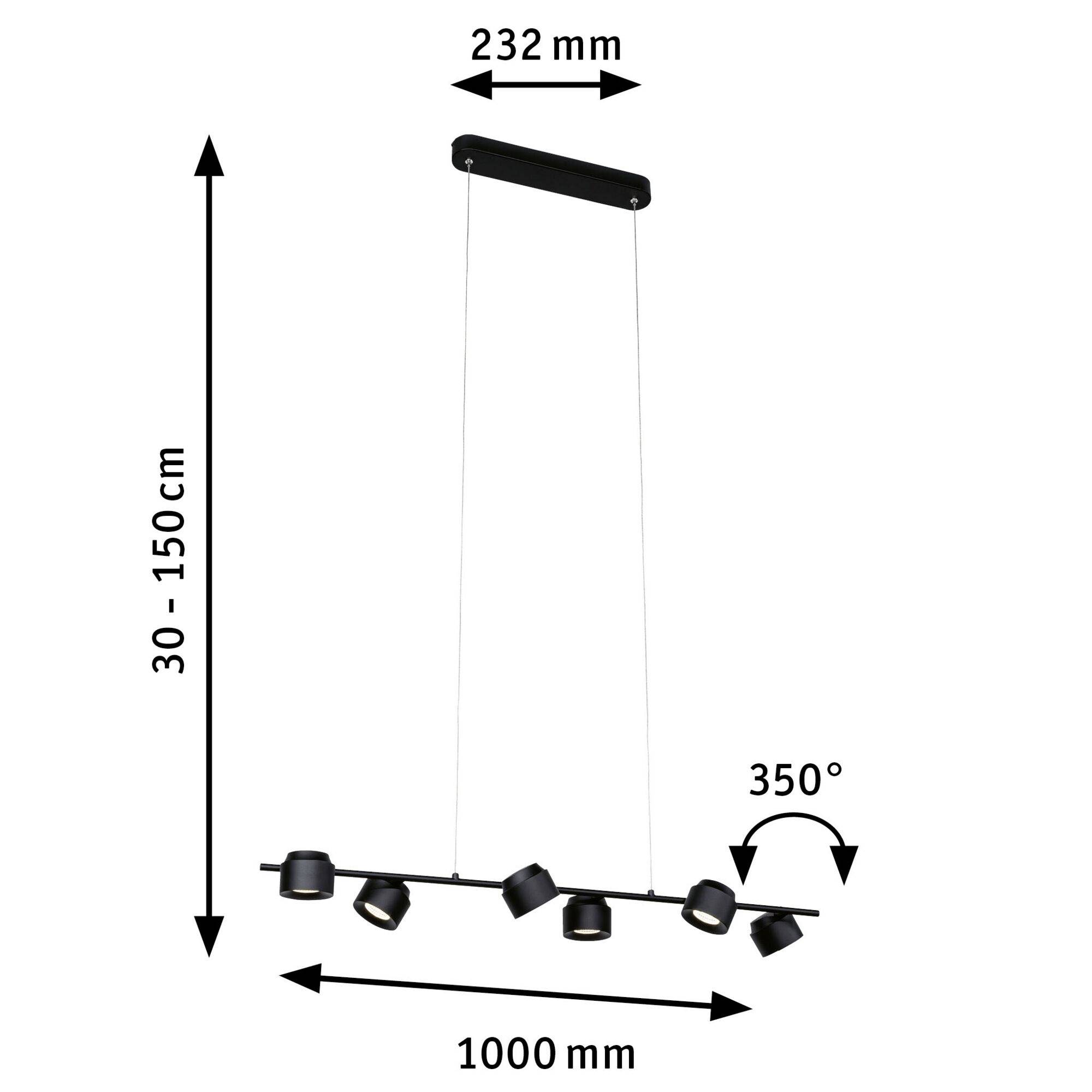 Závesné svietidlo s nastaviteľnou výškou (30-150 cm), šírka 1000 mm, päť lámp, každá otočná o 350°, stropný úchyt 232 mm.