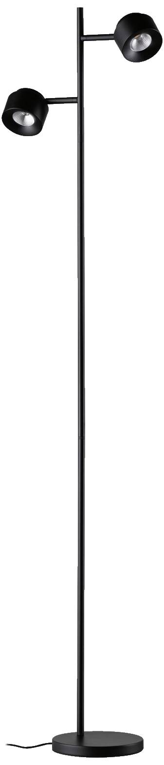 Čierna stojanová lampa s dvoma nastaviteľnými svetlami na štíhlom, priamom stojane.