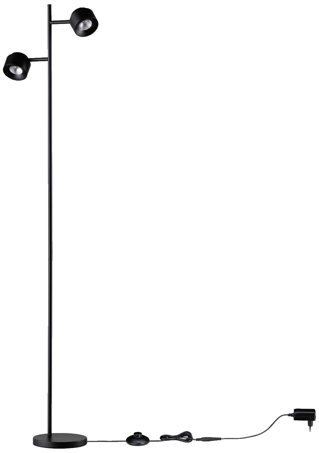 Vysoká, štíhla stojanová lampa s dvomi nastaviteľnými svetlami a napájacím káblom. Tienidlá sú nasmerované smerom nadol.