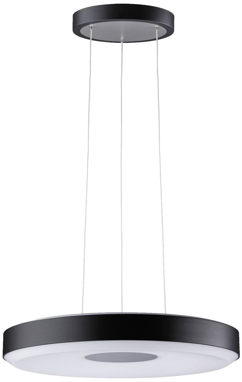 Moderná, okrúhla závesná lampa s čiernym krytom a štyrmi tenkými káblami, ktoré ju pripájajú ku stropu.