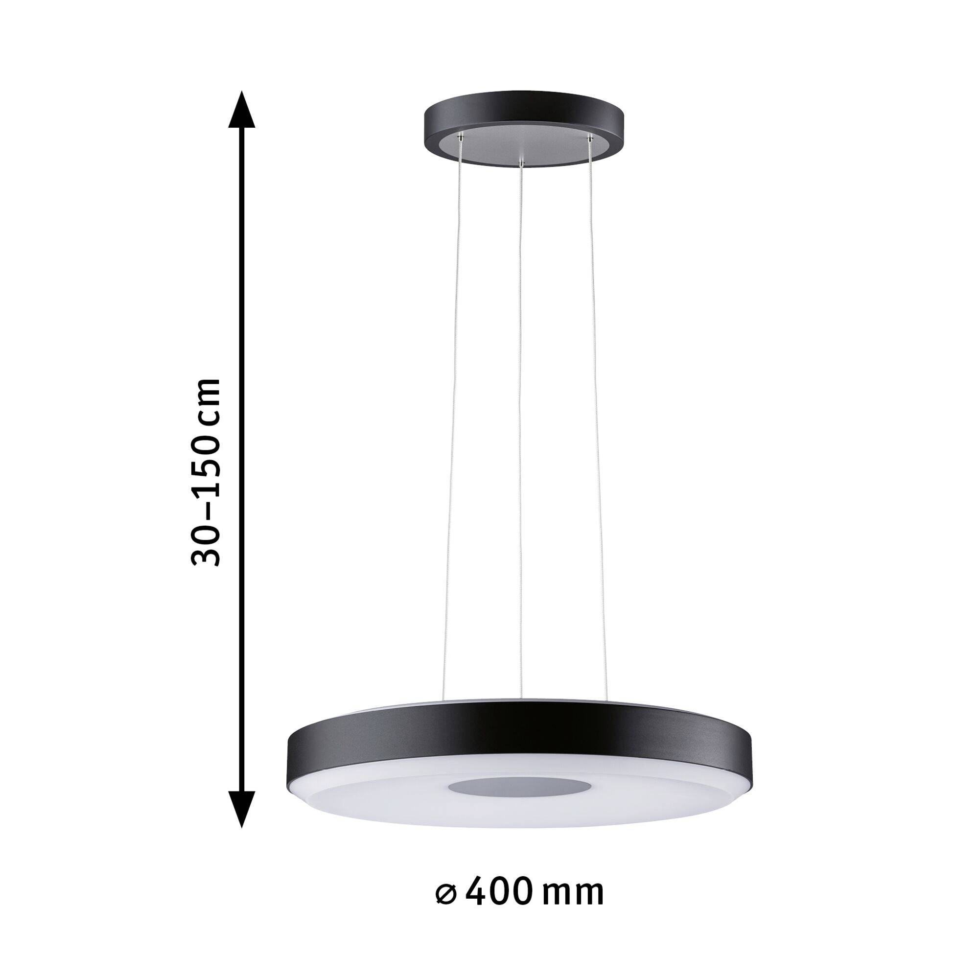 Závesná lampa v čiernej farbe s LED, priemer 400 mm, výškovo nastaviteľná od 30 do 150 cm.