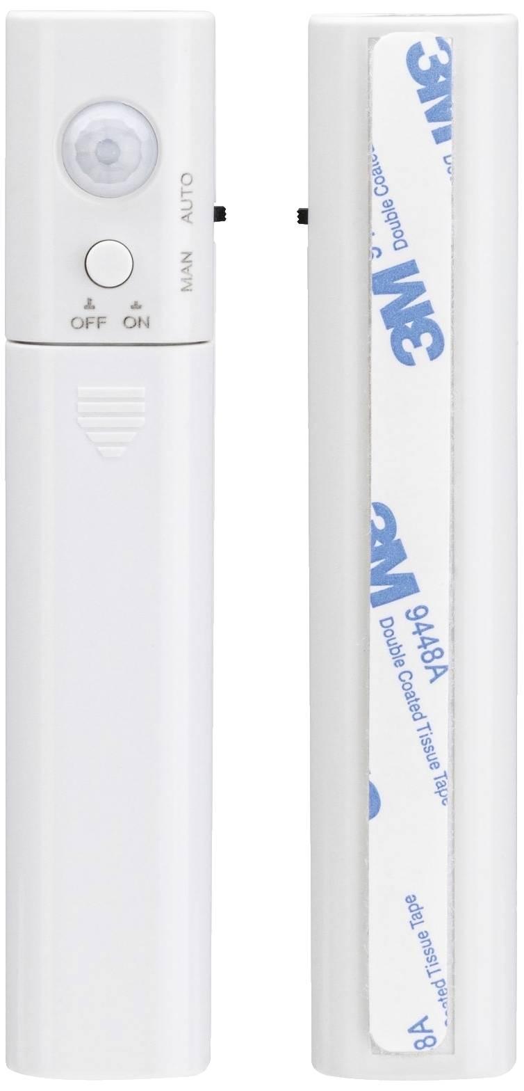 Dva biele plastové prístroje: Vľavo so spínačom pre 'Vypnuté', 'Zapnuté' a 'Automatické'; vpravo s 3M lepiacimi pásikmi na upevnenie.