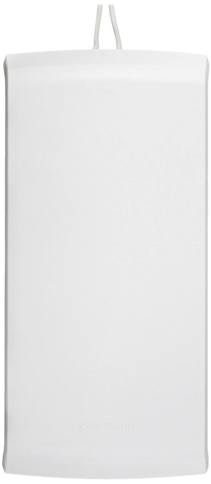 Obdĺžnikový biely reproduktor so zaoblenými hranami a káblom na hornej strane.