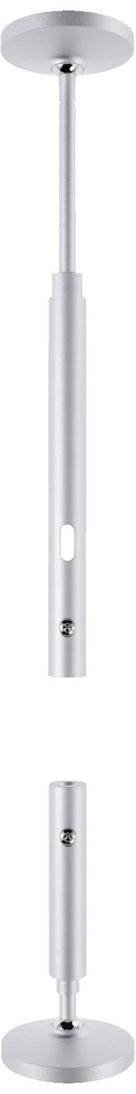 Nastaviteľný stropný držiak pozostávajúci z dvoch valcovitých kovových dielov so skrutkovým upevnením a doskami na koncoch.