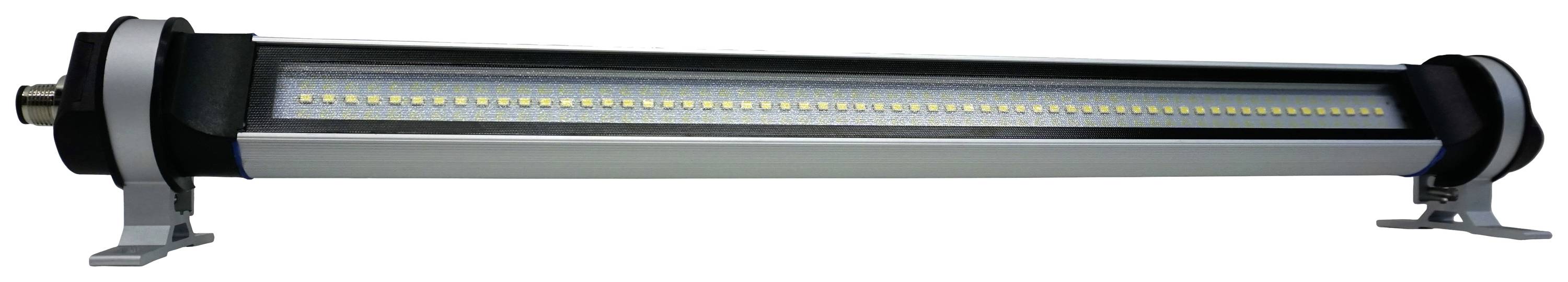 Podlhovastý LED svetelný panel s početným množstvom malých LED diód, namontovaný na dvoch pevných konzolách. Vhodný pre priemyselné osvetlenie.