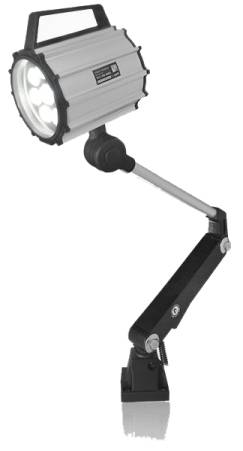 Prenosná pracovná lampa s odolným krytom a nastaviteľným statívovým ramenom, vhodná pre použitie v dielňach a na stavbách.