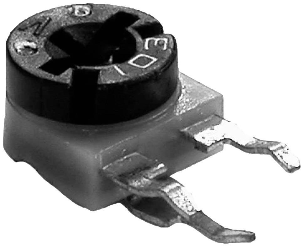 Elektronický odpor s nastaviteľným otočným ovládačom a tromi svorkami, často používaný na jemné doladenie v elektronických obvodoch.