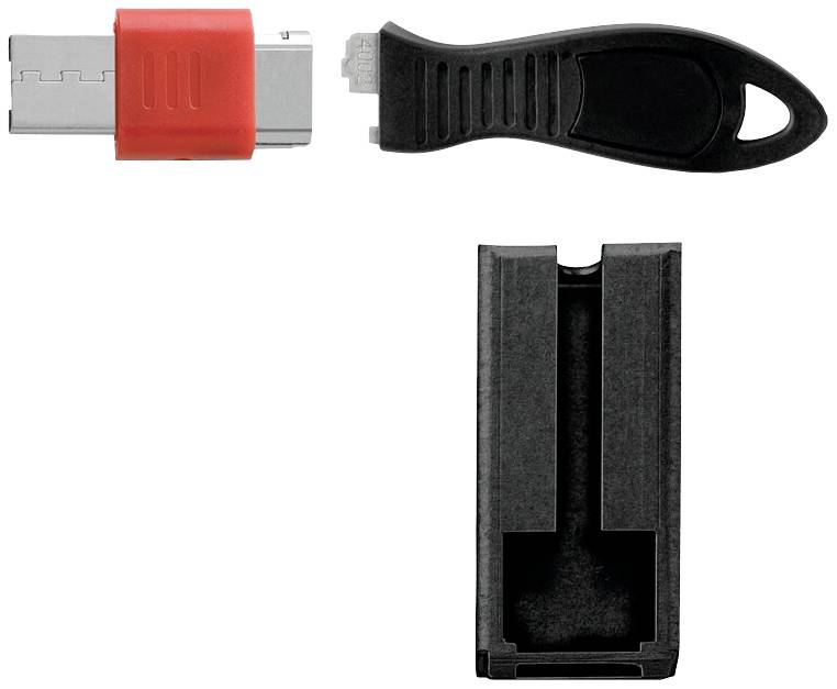Červená USB-C jednotka, čierny USB kľúč so slučkou a čierne púzdro pre USB zariadenie.