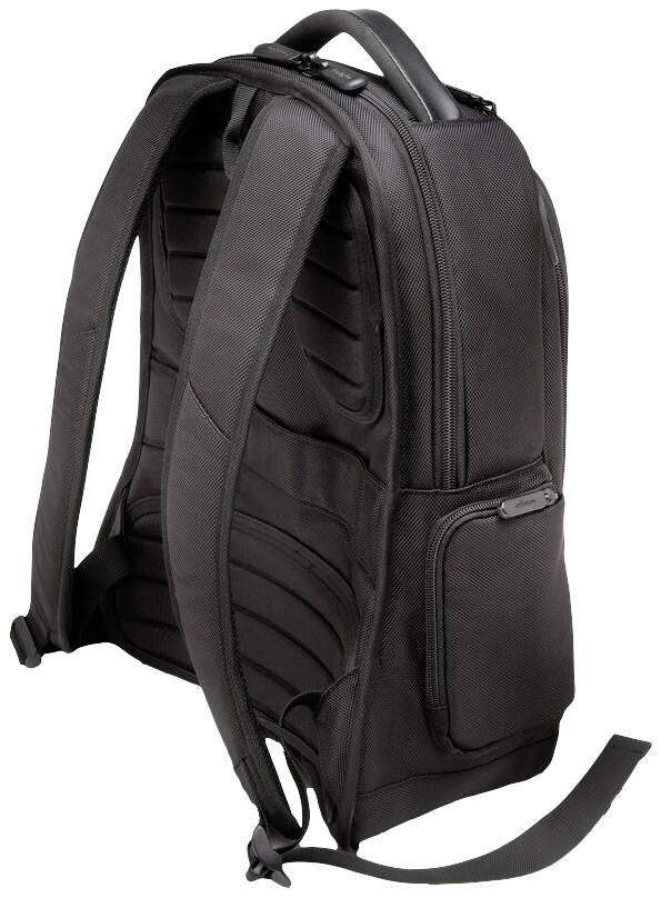 Čierny ruksak s vypchatými ramenými popruhmi a viacerými priehradkami. Pohľad z boku odhaľuje ergonomický dizajn.