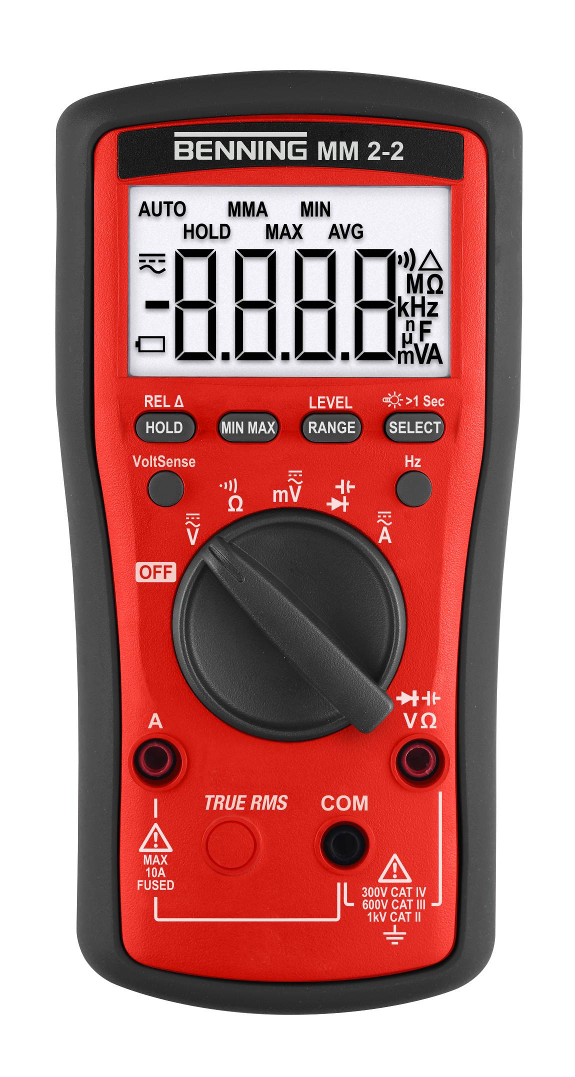 Červený digitálny multimeter s čiernym okrajom a veľkým displejom. Zobrazuje namerané hodnoty a ovládacie prvky pre meranie napätia a prúdu.