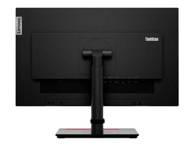 Zadný pohľad na čierny monitor Lenovo zo série ThinkVision, so zameraním na nastaviteľný stojan a konektory.