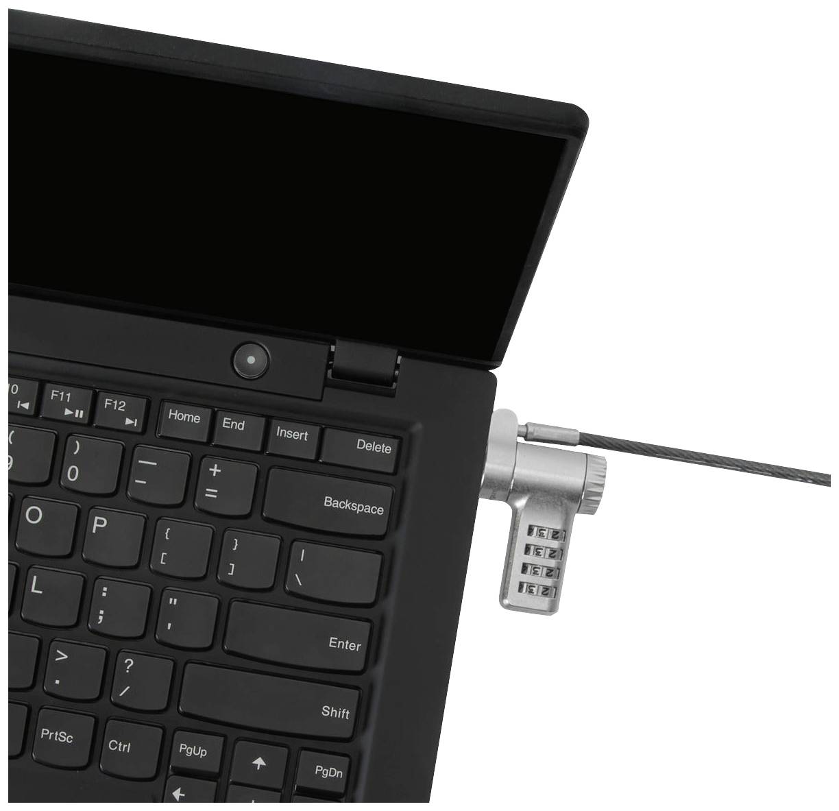 Notebook s otvorenou obrazovkou a pripojeným kombinačným zámkom pripevneným na kábli.