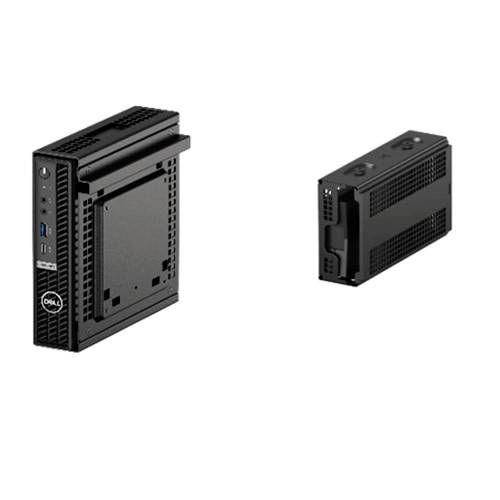 'Dva pohľady na malú čiernu počítačovú skrinku, vľavo čelný pohľad a vpravo pohľad z boku. Obe majú niekoľko portov na prednej strane.'