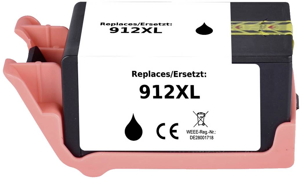 Čierna tonerová kazeta s označením 'Replaces/Ersetzt: 912XL', ISO symbolmi pre atrament, označením CE a registračným číslom WEEE DE2800178.