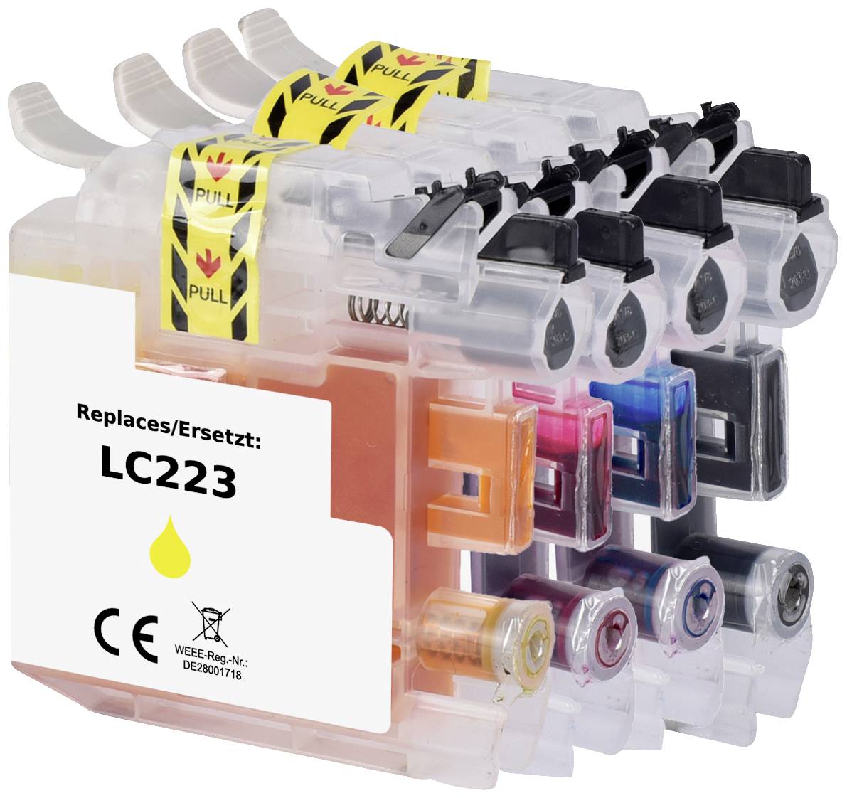 Priehľadné tlačové cartridge v azúrovej, purpurovej, žltej a čiernej farbe. Nálepka zobrazuje 'Replaces/Nahrádza: LC223' s označením CE.