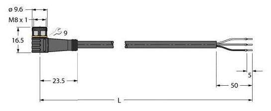 Technický výkres M8 konektora s rozmermi: dĺžka konektora (23,5 mm), dĺžka vodiča (50 mm) a celková dĺžka (L).
