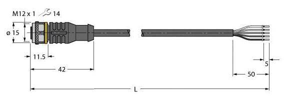 Elektrický konektor s káblom, M12x1, 4-pólový. Rozmery: celková dĺžka (L), puzdro 42 mm, priemer 15 mm, kábel 50 mm.