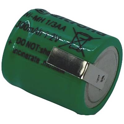 Zelený akumulátor s nápisom 'Ni-MH 1/3AA 300mAh 1.2V'. Výstražný symbol zakazujúci likvidáciu v bežnom domovom odpade.