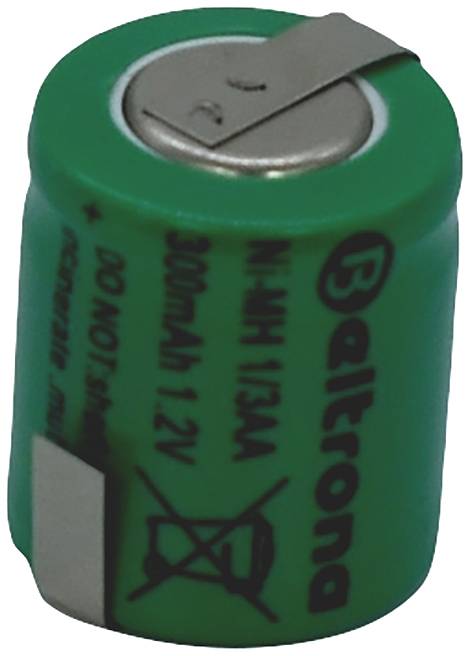Zelená valcovitá batéria s nápisom 'NI-MH 1/3AA 300mAh 1.2V'. V hornej časti sú viditeľné pripájacie výstupky.